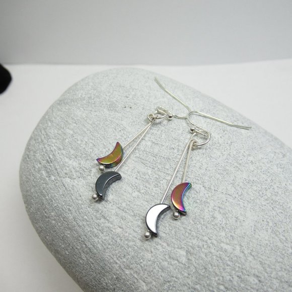 Hematite Moon dangle Earrings - Picture 6 of 9